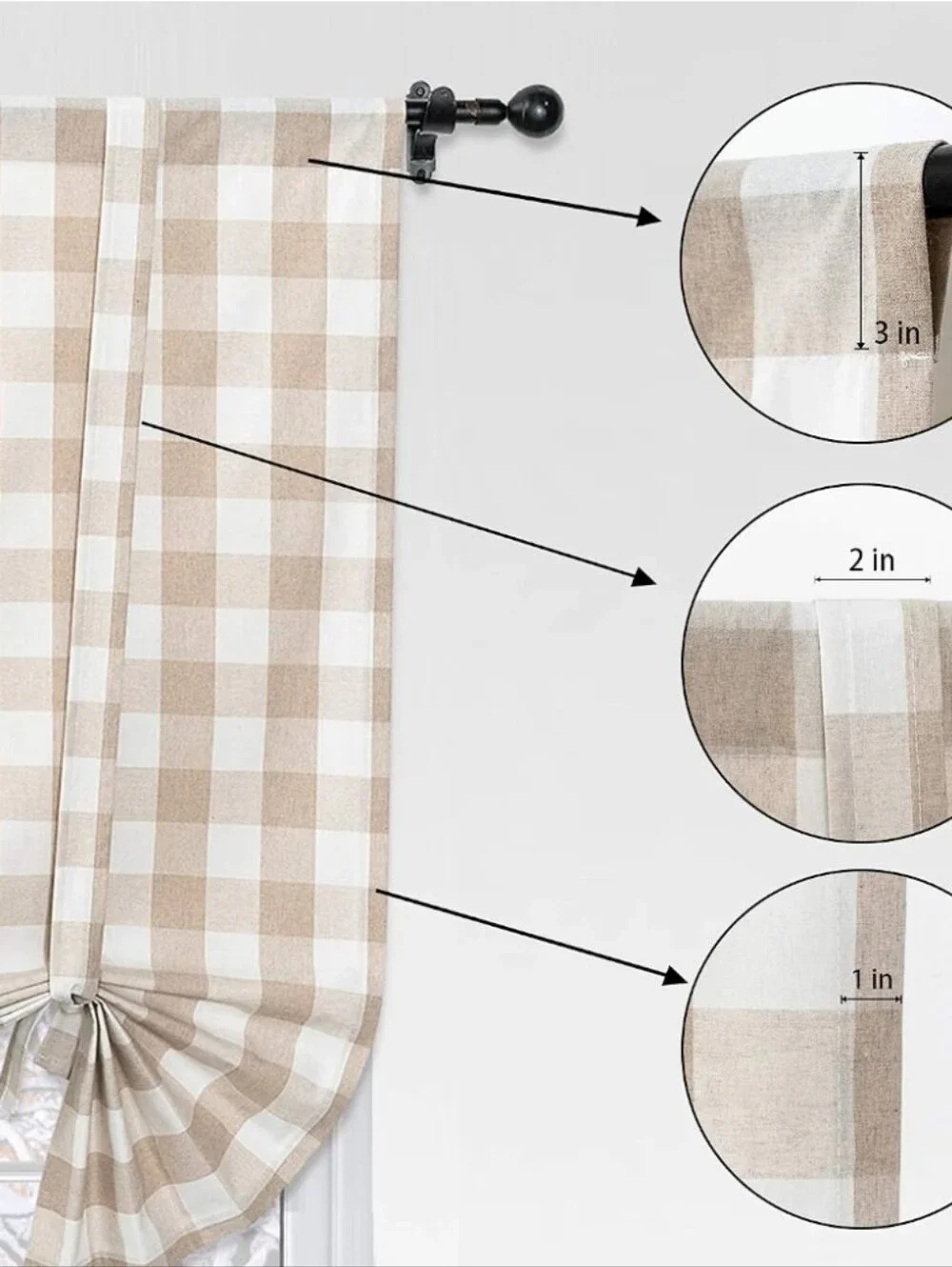 Beige/White Buffalo Check Tie-Up Curtain and Bear Curtain Rods